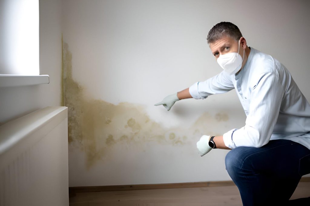 An Image of a Man Pointing To A Mouldy Wall